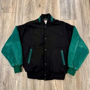 Men’s Vintage Black and Green Wool Blend Varsity Bomber Jacket Size Large